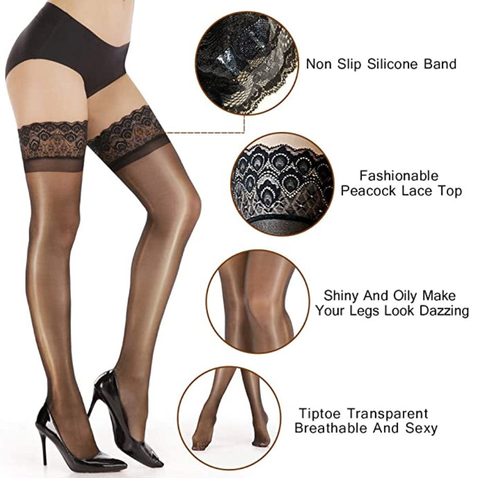Antiskid Elastic Shiny Thigh High Stockings with Stay Up Silicone Lace Top